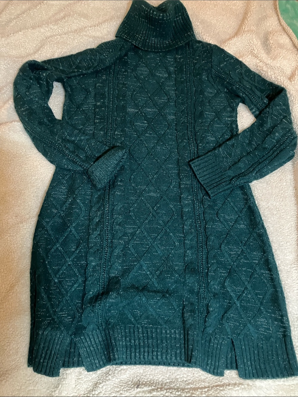 Blue Rain Dark Teal Cable-Knit Turtleneck Sweater Dress